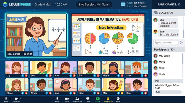 Teacher explaining fractions to elementary students in virtual classroom with digital whiteboard