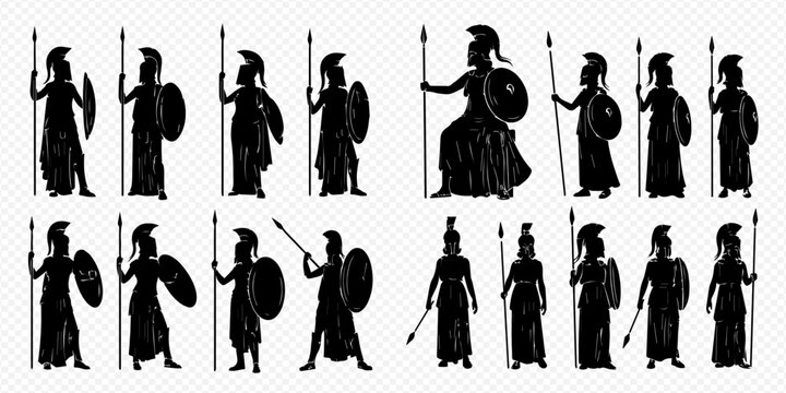 Ancient Greek Warriors and Goddess Athena Silhouettes Set, Historical Figures with Shields and Spears.