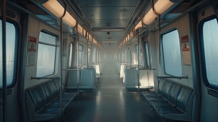 Fototapeta premium Empty interior of a modern urban public transportation train car, stretching into a hazy distance, evoking concepts of solitude, travel, and an eery, mysterious liminal space