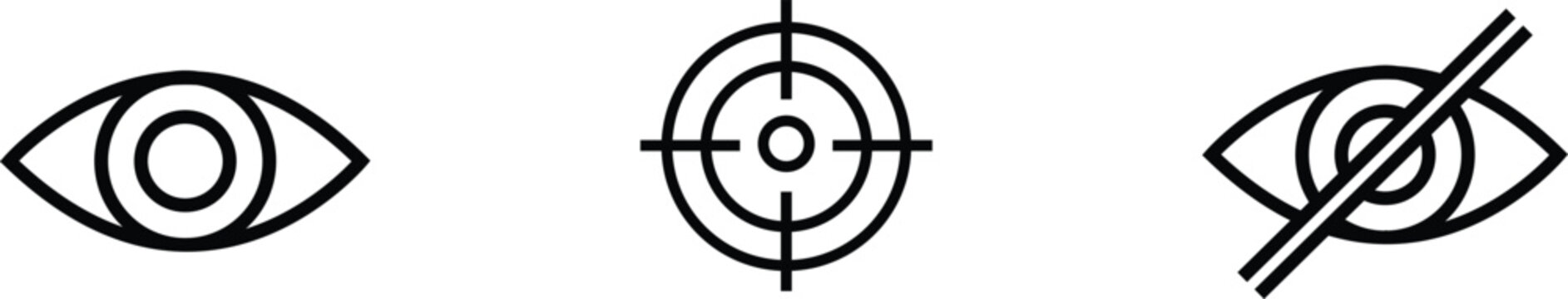 Set of simple line icons showing eye and target symbols. Editable thin outline packs. Vector illustration