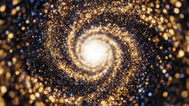 Abstract swirling vortex of golden and blue particles, representing data flow or a journey into the unknown, with bokeh lights and a central focal point