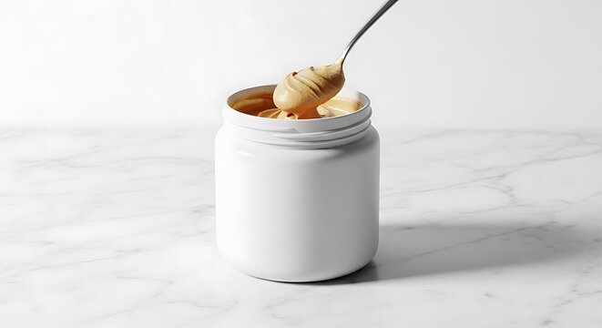 Creamy peanut butter in a white jar with a silver metal spoon on a marble kitchen counter top surface. burro arachidi