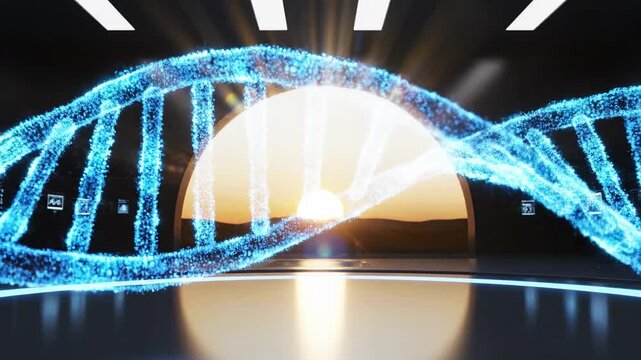 glowing digital dna helix structure in futuristic laboratory with sun rising through window, biotechnology research and genetic science
