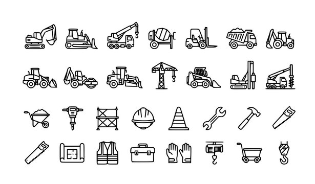 Professional construction machinery vector icon set &ndash; 30 thin line editable outline icons for building, construction, and safety
