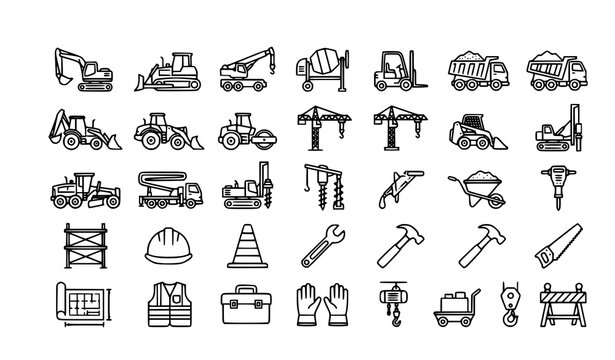 Modern construction machinery thin line icon set &ndash; 30 editable vector outline icons for building, safety, and heavy equipment