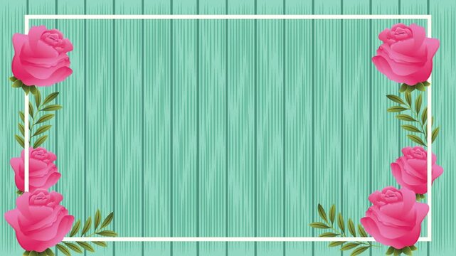 Animated floral frame with pink roses and leaves on turquoise wooden texture background video clip.