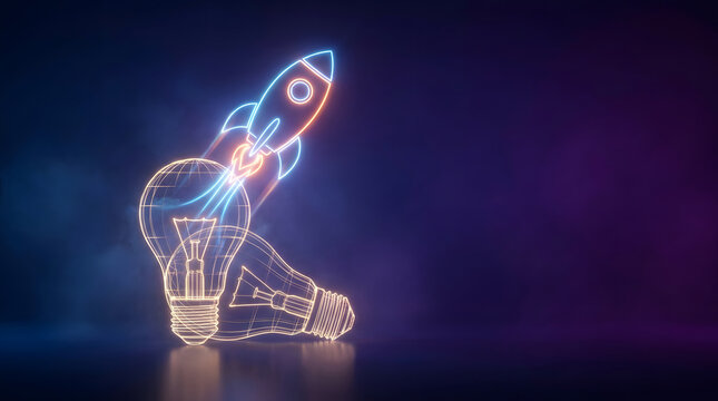 A glowing rocket lifts off from a transparent light bulb on a dark gradient background. Creative startup, invention, and breakthrough idea concept