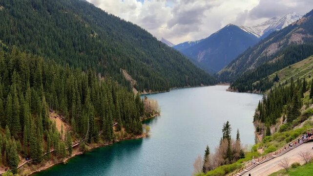 Kolsay lake in Kolsai Koldery gorge, nature landscape of Kazakhstan National Park.