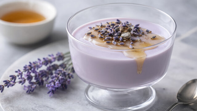 Elegant lavender panna cotta with honey drizzle and dried flowers in minimalist glass dish