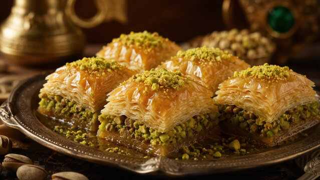 Middle eastern pistachio baklava with thin phyllo layers and honey syrup on luxury background