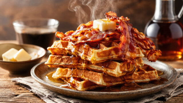 Stack of belgian waffles with melting butter, crispy bacon and maple syrup drizzle for delicious breakfast