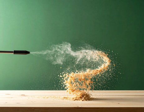 A nozzle expels a white vapor, impacting wooden crumbs on a light wooden surface against a teal green backdrop