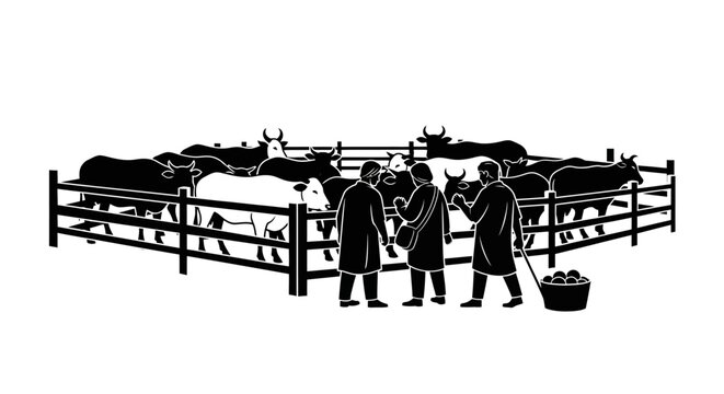 Farmers, cattle, ranch, livestock, black silhouette, vector icons