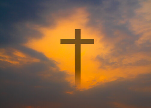 Cross christian god religion on sunset background, jesus church worship pray catholic grace christ, symbols christ love holy spiritual hope peach victory spirit meditation catholicism crucifix trush.