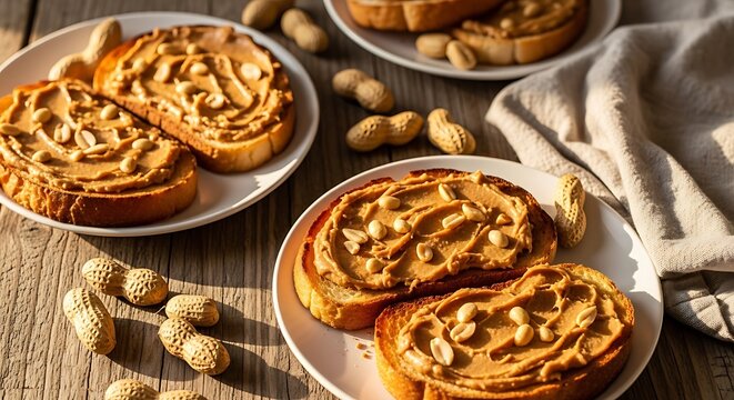 Fresh toasted bread slices with creamy peanut butter and whole peanuts on a rustic wooden table top. vburro arachidi. burro arachidi