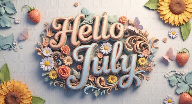 Vibrant hello july 3d floral illustration for summer independence day