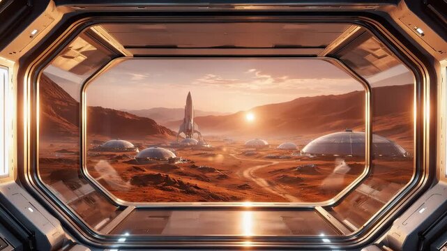 Futuristic spaceship interior window viewing a human colony on Mars with a rocket launch during a beautiful sunrise, representing space exploration, colonization, and interstellar travel