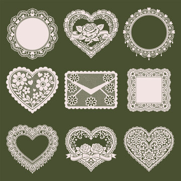 Vintage lace heart frames and floral papercut doily collection with romantic decorative ornaments set