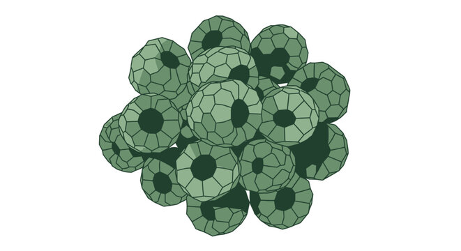 A cluster of green faceted spheres with dark centers, resembling a microscopic cellular structure.