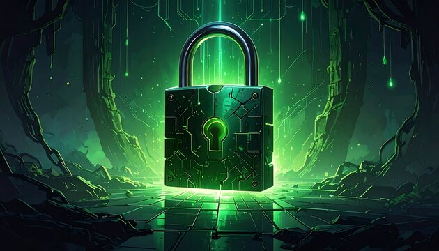 A luminous, high-tech padlock glows prominently, radiating vibrant green light within a cyber-themed, digital world