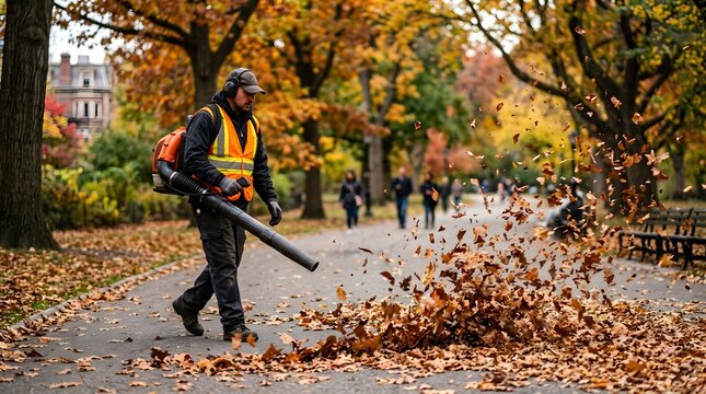 A worker in a bright vest uses a leaf blower to clear a pile of leaves in a park. People stroll along the path surrounded by colorful autumn trees. It is a typical afternoon in fall