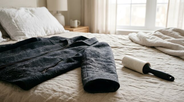 A black jacket lies on a messy bed with crumpled sheets. A lint roller rests nearby as sunlight filters through a window, creating a warm atmosphere in the room