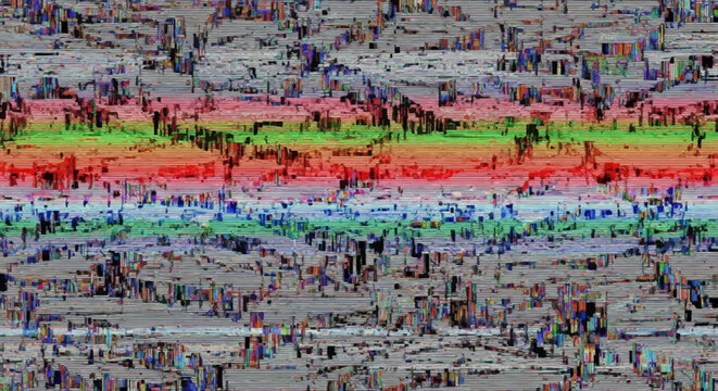 Abstract digital glitch art with rainbow spectrum, corrupted data pattern, noise background