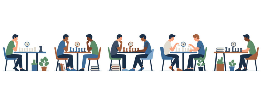 Diverse male characters playing chess games with clocks at wooden tables.