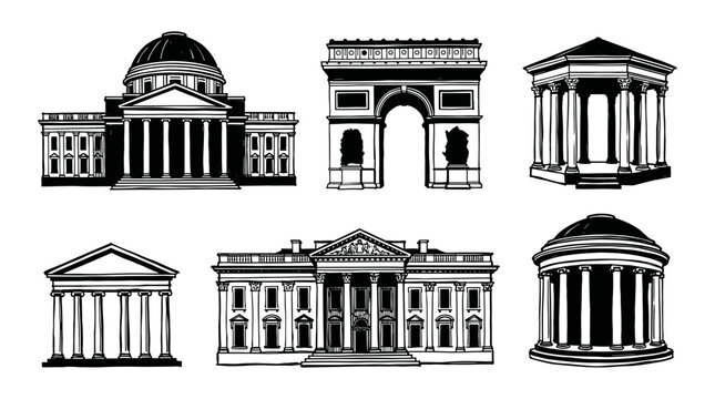 Black and white sketch set of grand neoclassical architecture vector buildings featuring domes colonnades and triumph arches.