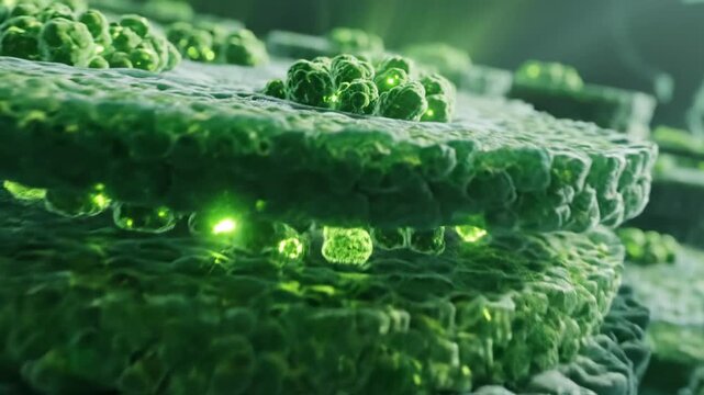 Microscopic view of chloroplast internal structure with glowing green light and stacked thylakoids, science biology concept, detailed cellular layers