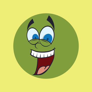 Smiling Green Cartoon Face with Tongue Out on Yellow Background