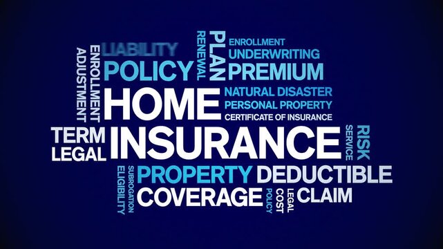 Home insurance animated word cloud-text design animation tag kinetic typography seamless loop.