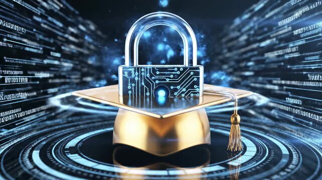 golden graduation cap and digital circuit board padlock representing online learning, cybersecurity education, technology advancement, and secure knowledge