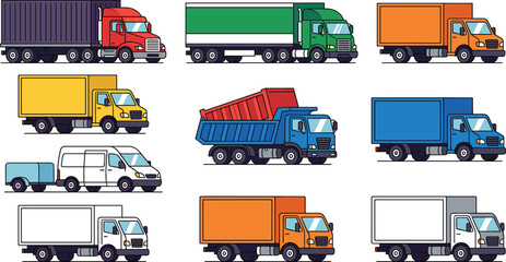 Flat vector illustration collection of colorful commercial transport vehicles including cargo semi trailers box delivery vans and dump trucks for logistics graphic design projects © MSTFarjana