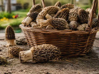 Obraz premium Basket Of Fresh Morel Mushrooms On Rustic Table