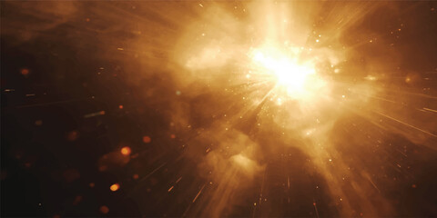 The bright sun glows amidst a dark cosmic nebula as a distant supernova explodes within a vast galaxy of stars and stardust across the infinite black universe © MRIDUL