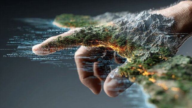 AI-powered climate modeling system predicting environmental changes, representing technological innovation, climate mitigation strategies,
