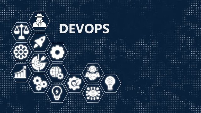 Dev ops software development concept with hexagonal and digital network background