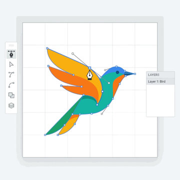 Illustrating a vibrant vector bird in a digital graphic design interface, showcasing the intricate artistic process with Bezier curves and anchor points