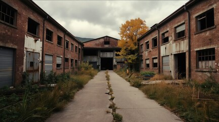 Fototapeta premium Abandoned brick factory yard with broken concrete path and dry grass. Old industrial warehouses have broken windows and rusty doors. Nature reclaims neglected urban site.