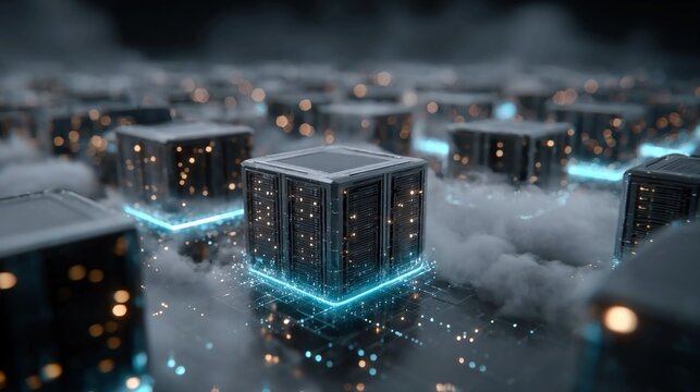 AI-powered cloud network visualization with glowing holographic servers, flowing encrypted connections, and predictive algorithmic data streams
