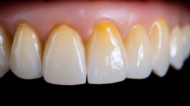 Nahaufnahme nat&uuml;rlicher Z&auml;hne mit sichtbarem Zahnbelag &ndash; Dentalmotiv zu professioneller Zahnreinigung, PZR, Mundhygiene und Zahngesundheit. Detailreich mit viel copyspace und copy space.