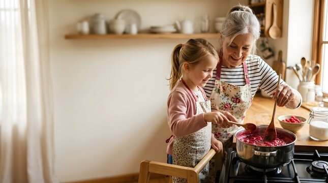 An elderly woman and a young girl cook raspberry jam together in a kitchen. They stir the mixture in a pot while enjoying their time. Ingredients and kitchen tools are nearby