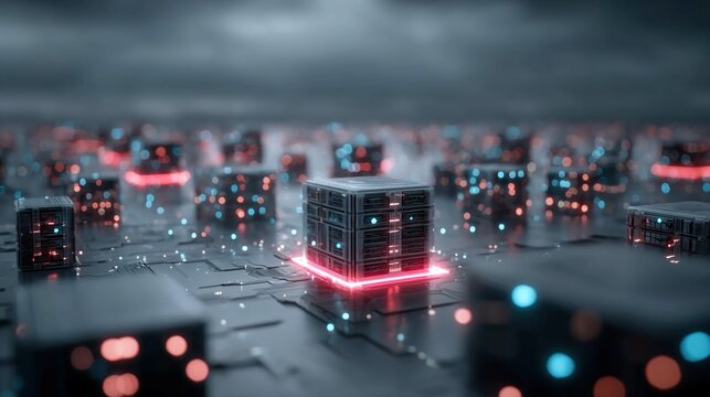 AI-powered cloud network visualization with glowing holographic servers, flowing encrypted connections, and predictive algorithmic data streams 
