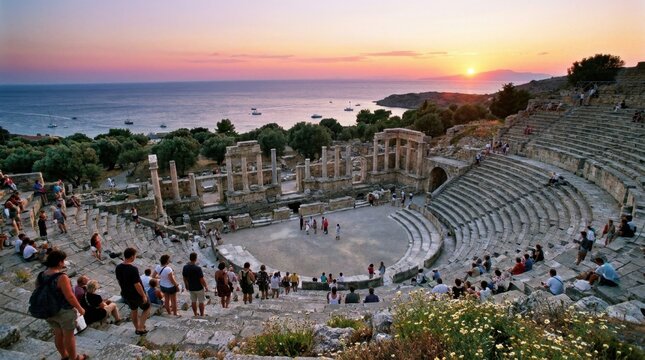 Ancient roman theater ruins at sunset overlooking the mediterranean sea