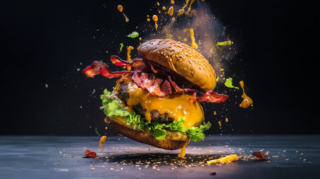 Explodierender Burger mit fliegenden Zutaten vor dunklem Hintergrund &ndash; dynamisches Fastfood-Motiv voller Bewegung, Geschmack und Action. Werbestark mit viel copyspace und copy space.