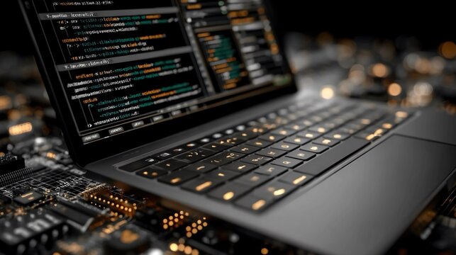 AI-powered coding assistant concept with laptop showing code suggestions, intelligent programming support, automation, real-time recommendations, boosting software development productivity