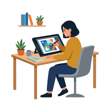 Female Illustrator Working on a Graphic Tablet, Creating Digital Designs and Artwork in a Contemporary Home Office Environment