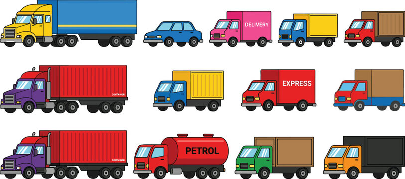 Flat vector illustration collection of colorful commercial vehicles including cargo semi trucks petrol tankers express delivery vans and a passenger car for logistics design.