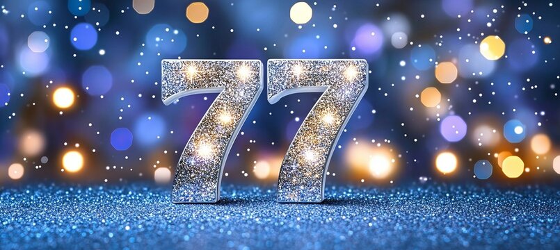 Vibrant Seventy-Seven Celebration with Silver Number 77 on Turquoise Glitter and Festive Lights